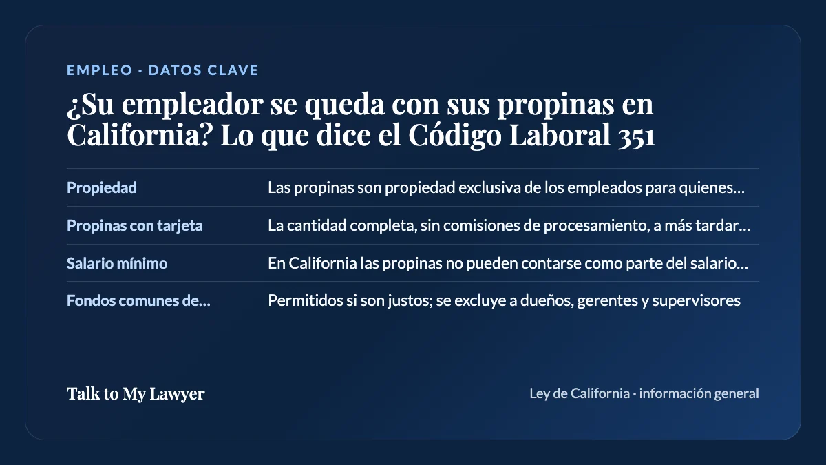 Tarjeta de datos clave: Propiedad; Propinas con tarjeta; Salario mínimo; Fondos comunes de propinas