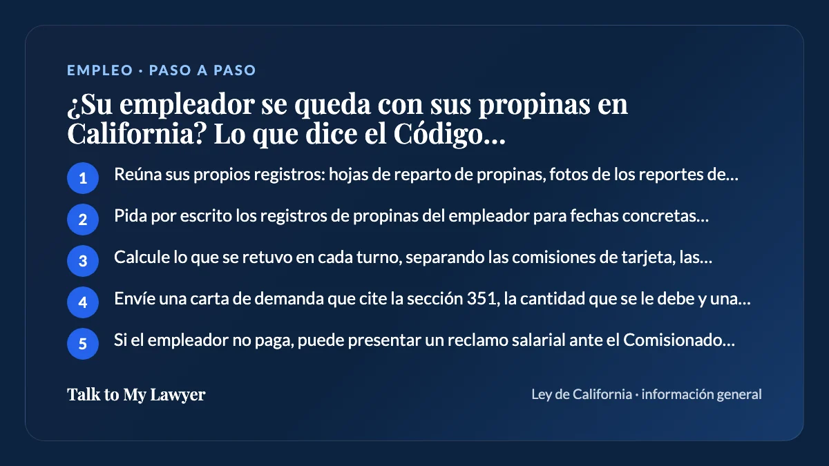 Tarjeta paso a paso: 5 pasos, empezando por "Reúna sus propios registros: hojas de reparto de propinas, fotos de los reportes de…"