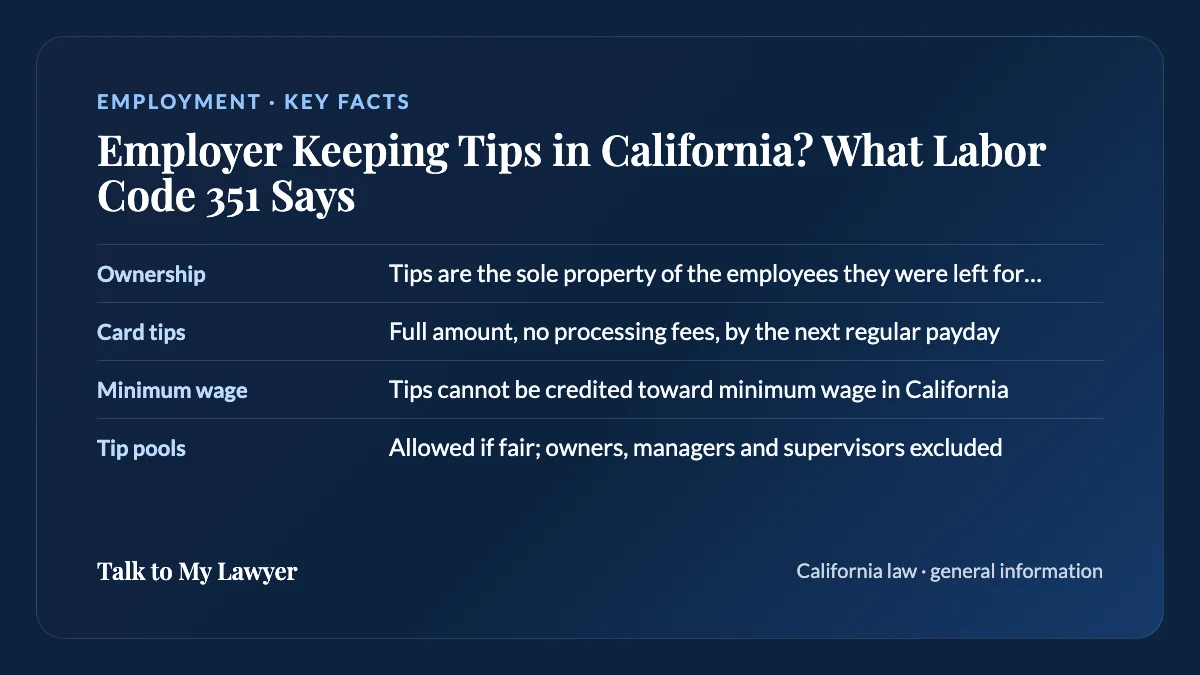 Key facts card: Ownership; Card tips; Minimum wage; Tip pools