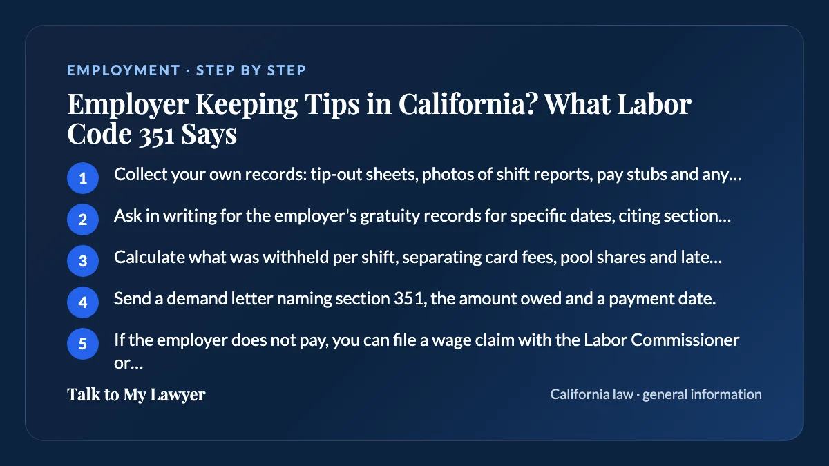 Step-by-step card: 5 steps, starting with "Collect your own records: tip-out sheets, photos of shift reports, pay stubs and any…"