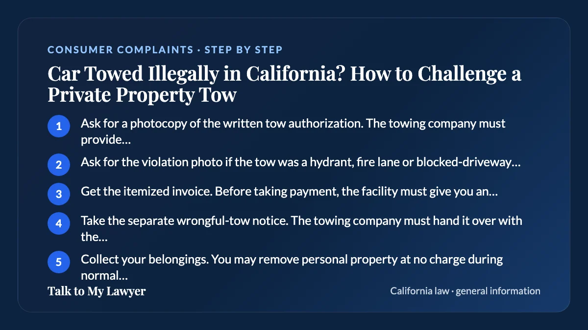 Step-by-step card: 5 steps, starting with "Ask for a photocopy of the written tow authorization. The towing company must provide it…"