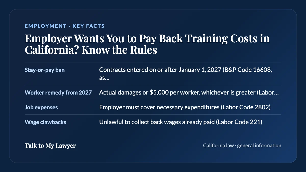 Key facts card: Stay-or-pay ban; Worker remedy from 2027; Job expenses; Wage clawbacks