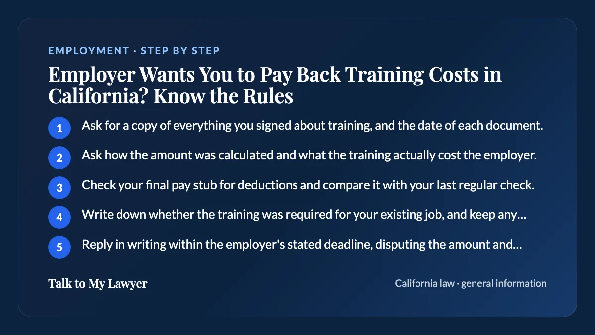 Step-by-step card: 5 steps, starting with "Ask for a copy of everything you signed about training, and the date of each document"