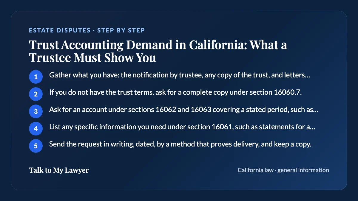 Step-by-step card: 5 steps, starting with "Gather what you have: the notification by trustee, any copy of the trust, and letters or…"