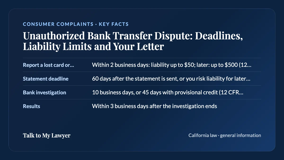Key facts card: Report a lost card or login; Statement deadline; Bank investigation; Results