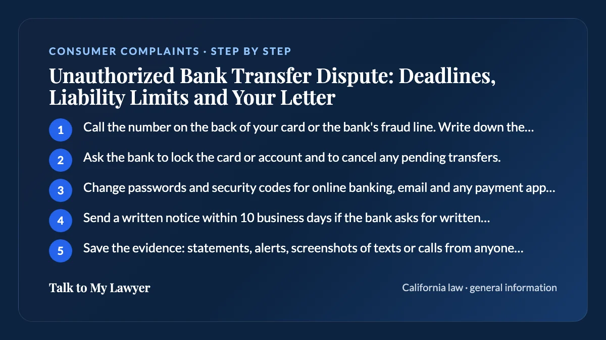 Step-by-step card: 5 steps, starting with "Call the number on the back of your card or the bank's fraud line. Write down the date,…"