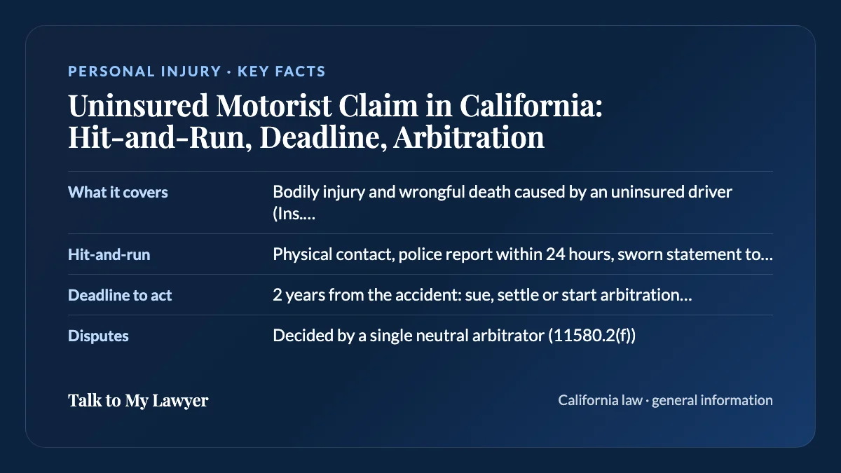 Key facts card: What it covers; Hit-and-run; Deadline to act; Disputes
