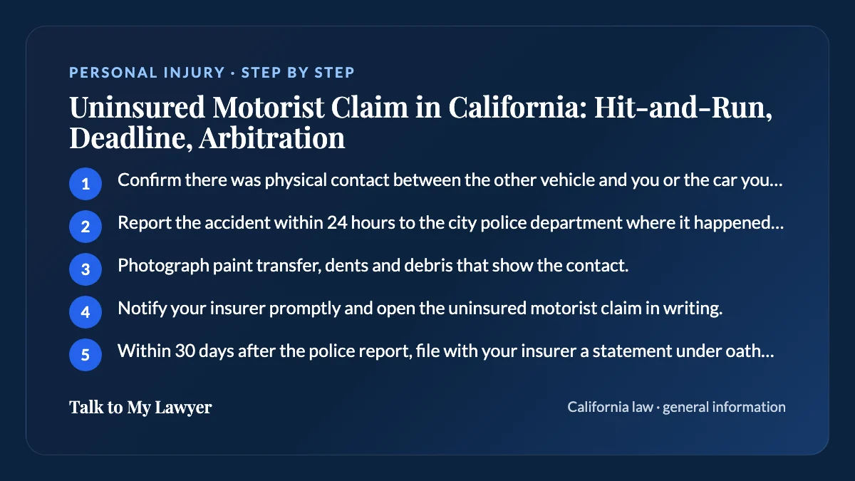 Step-by-step card: 5 steps, starting with "Confirm there was physical contact between the other vehicle and you or the car you were…"