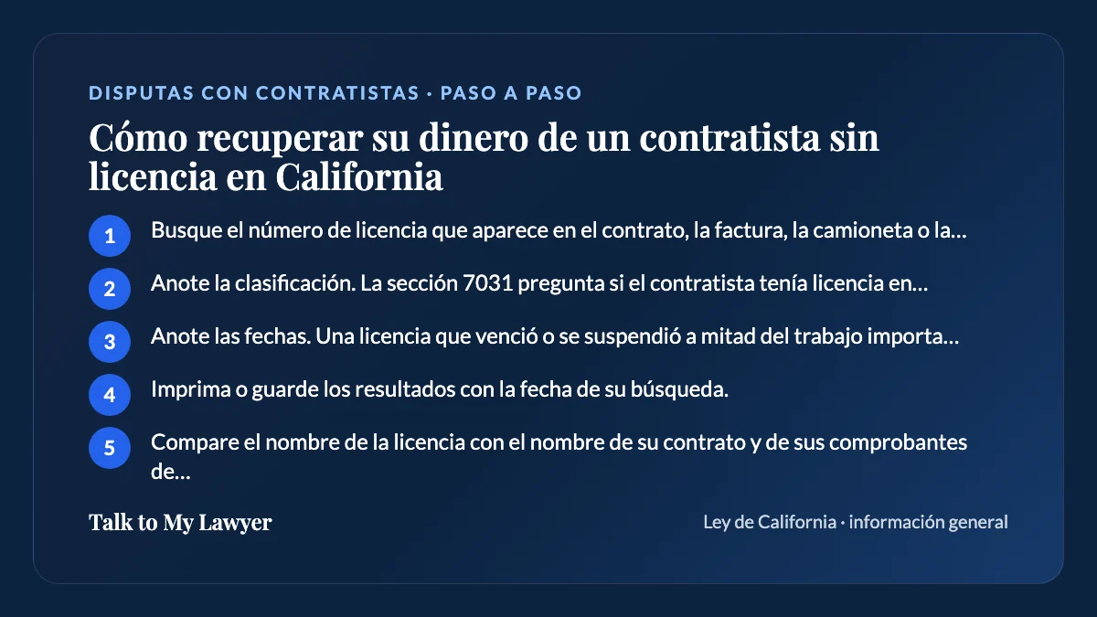 Tarjeta paso a paso: 5 pasos, empezando por "Busque el número de licencia que aparece en el contrato, la factura, la camioneta o la…"