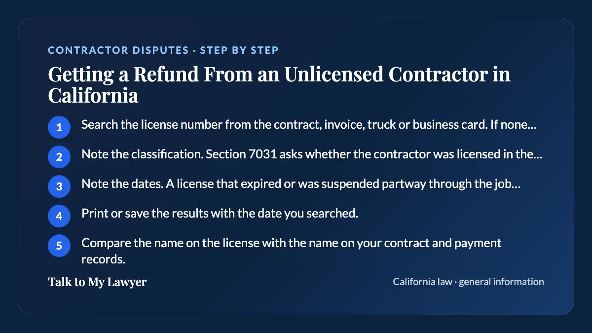 Step-by-step card: 5 steps, starting with "Search the license number from the contract, invoice, truck or business card. If none was…"