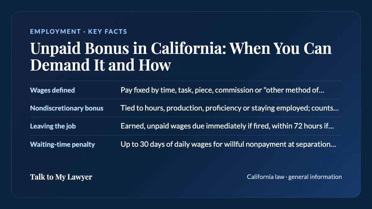 Key facts card: Wages defined; Nondiscretionary bonus; Leaving the job; Waiting-time penalty