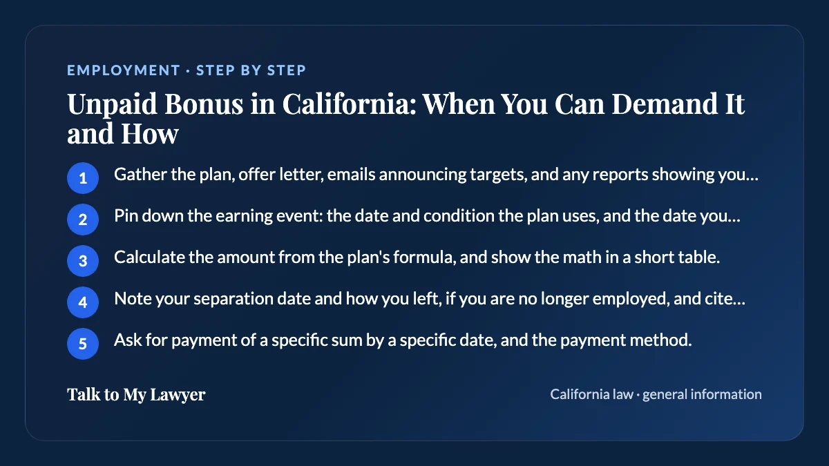 Step-by-step card: 5 steps, starting with "Gather the plan, offer letter, emails announcing targets, and any reports showing you met them"
