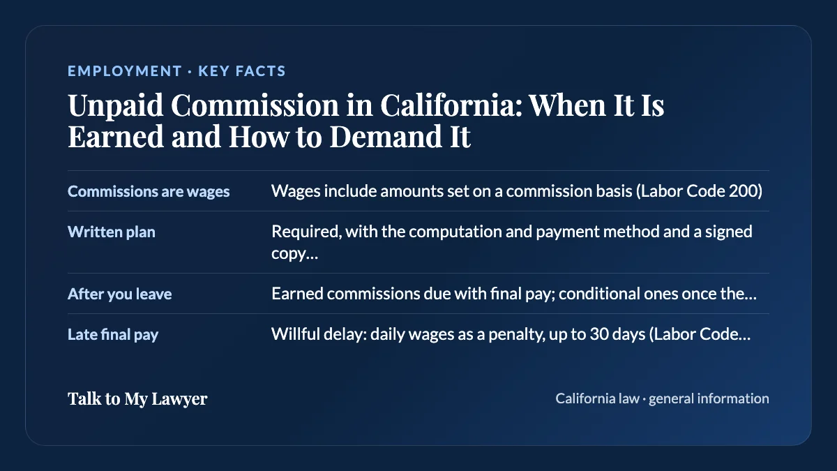 Key facts card: Commissions are wages; Written plan; After you leave; Late final pay