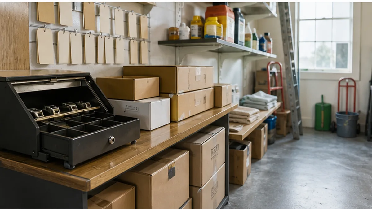 How to Write an Unpaid Invoice Demand Letter in California photo showing independent shop back room with open cash drawer and stacked product boxes