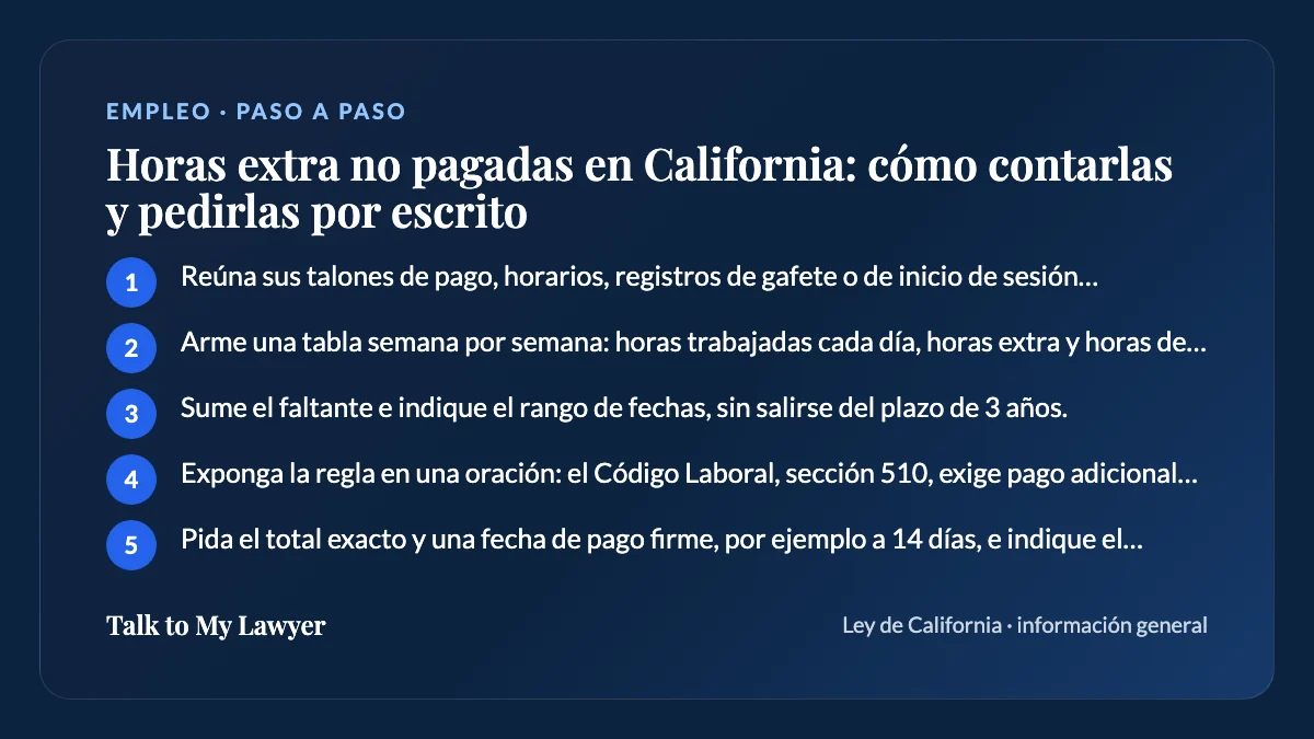 Tarjeta paso a paso: 5 pasos, empezando por "Reúna sus talones de pago, horarios, registros de gafete o de inicio de sesión, mensajes…"
