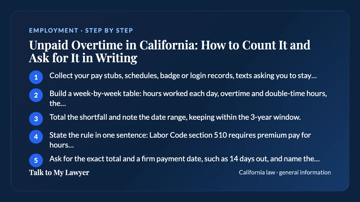Step-by-step card: 5 steps, starting with "Collect your pay stubs, schedules, badge or login records, texts asking you to stay late,…"