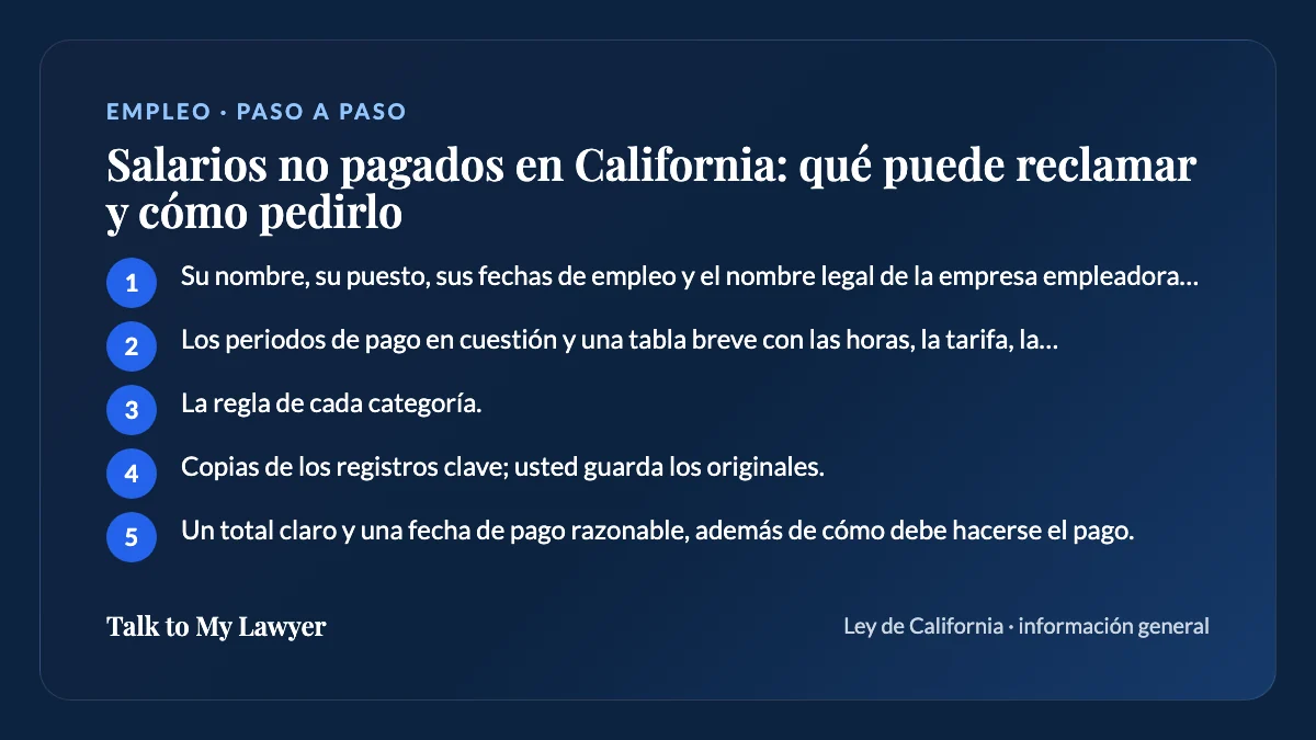 Tarjeta paso a paso: 5 pasos, empezando por "Su nombre, su puesto, sus fechas de empleo y el nombre legal de la empresa empleadora…"