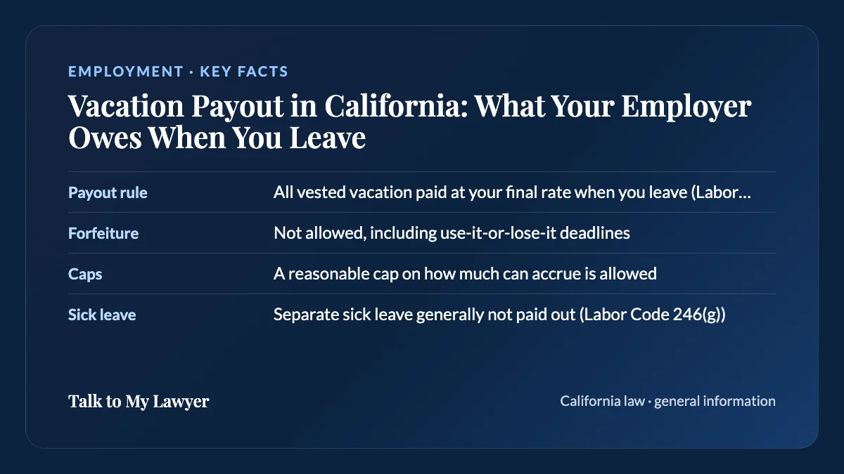 Key facts card: Payout rule; Forfeiture; Caps; Sick leave