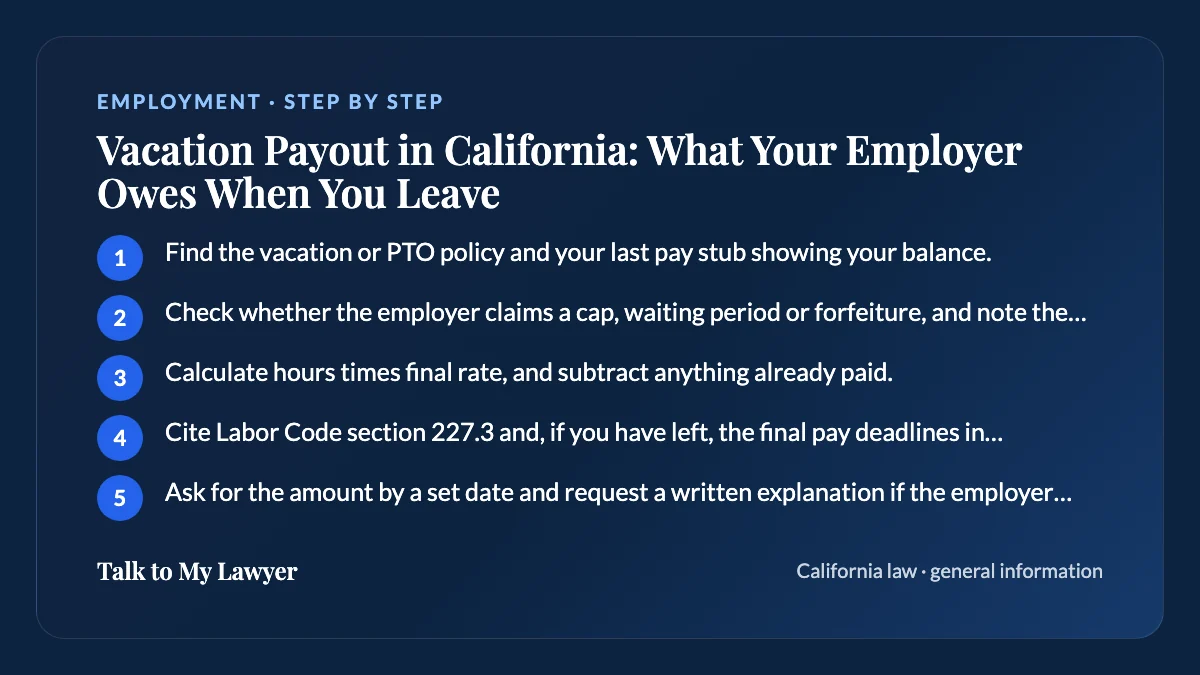 Step-by-step card: 5 steps, starting with "Find the vacation or PTO policy and your last pay stub showing your balance"