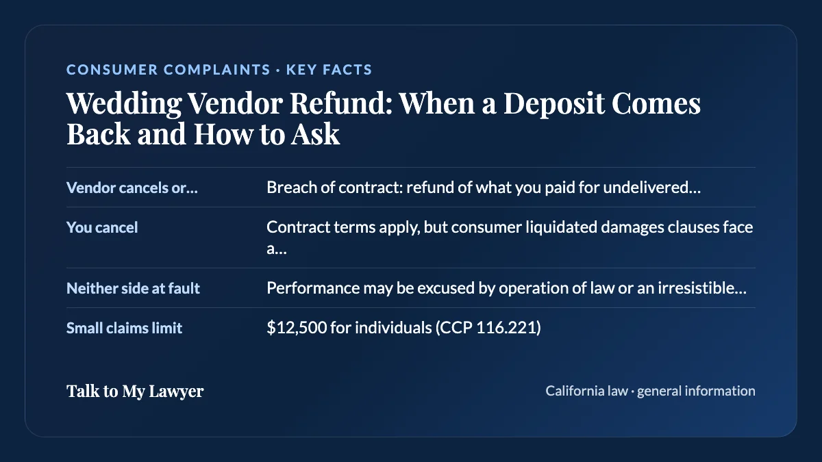 Key facts card: Vendor cancels or no-shows; You cancel; Neither side at fault; Small claims limit