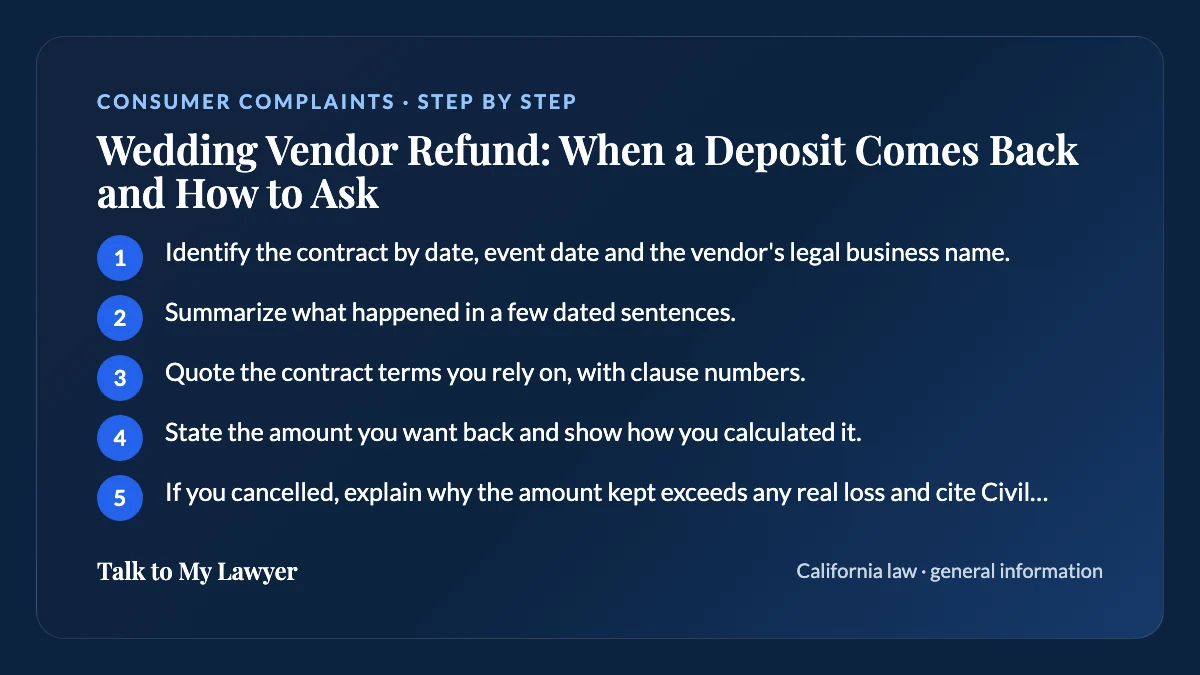 Step-by-step card: 5 steps, starting with "Identify the contract by date, event date and the vendor's legal business name"