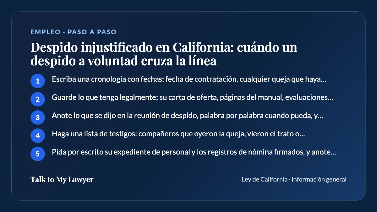 Tarjeta paso a paso: 5 pasos, empezando por "Escriba una cronología con fechas: fecha de contratación, cualquier queja que haya…"