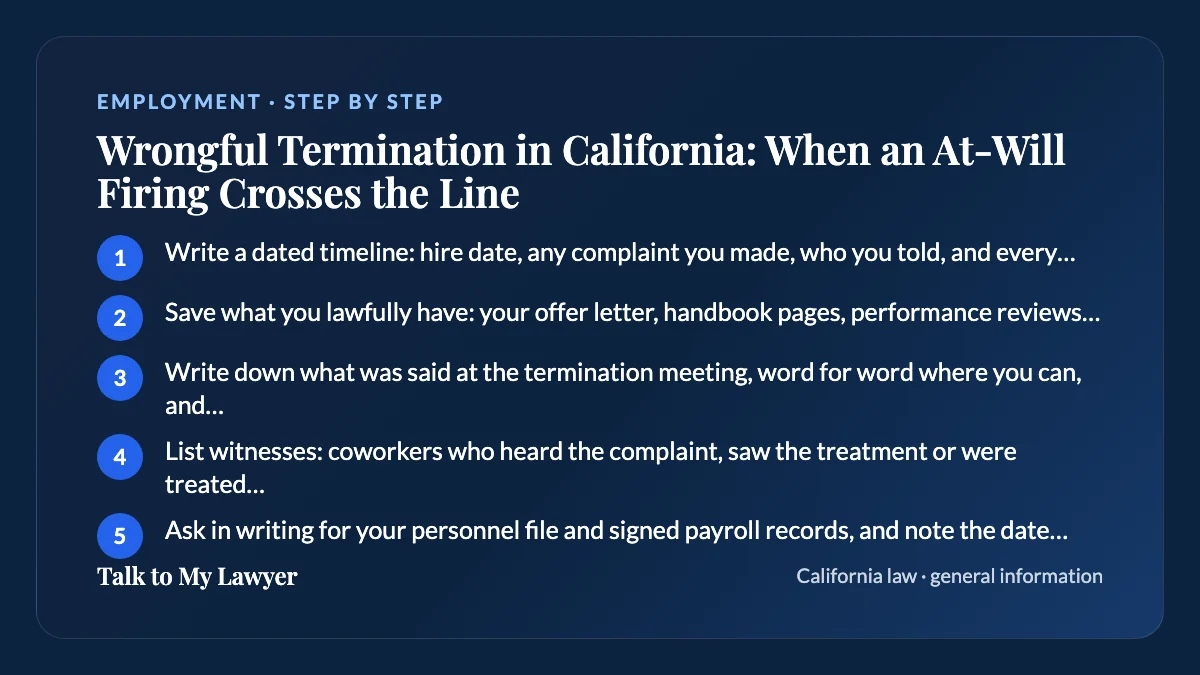Step-by-step card: 5 steps, starting with "Write a dated timeline: hire date, any complaint you made, who you told, and every warning…"