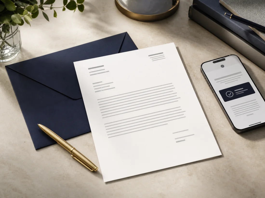 A finalized legal letter prepared with a navy envelope for delivery
