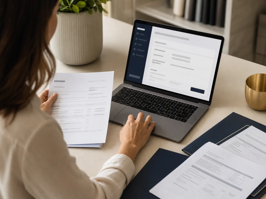 A business owner organizing supporting documents during the guided legal-letter intake
